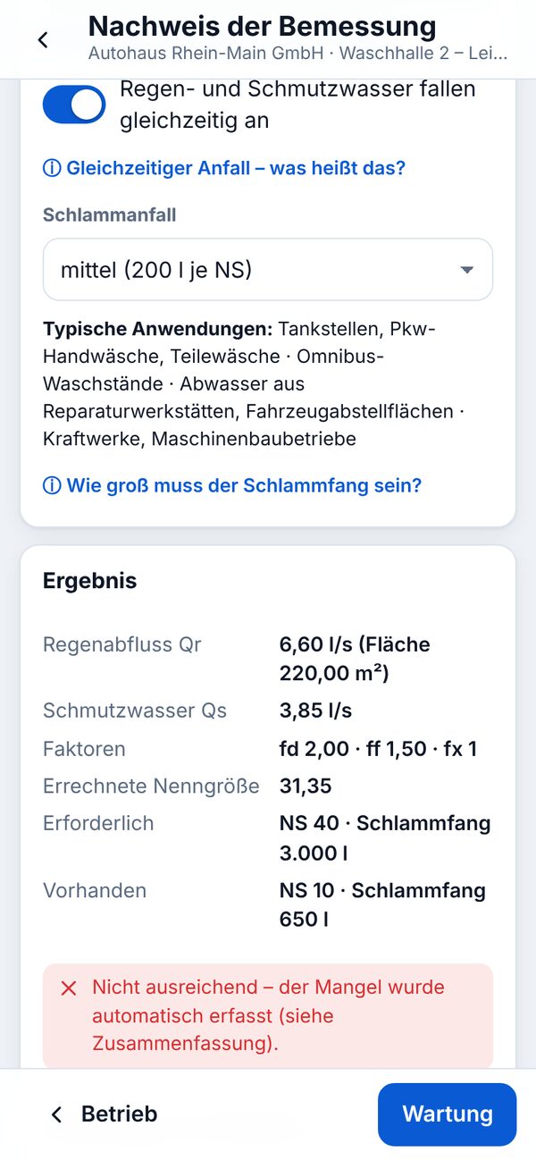 AbscheiderBlick: Bemessung mit Ergebnis