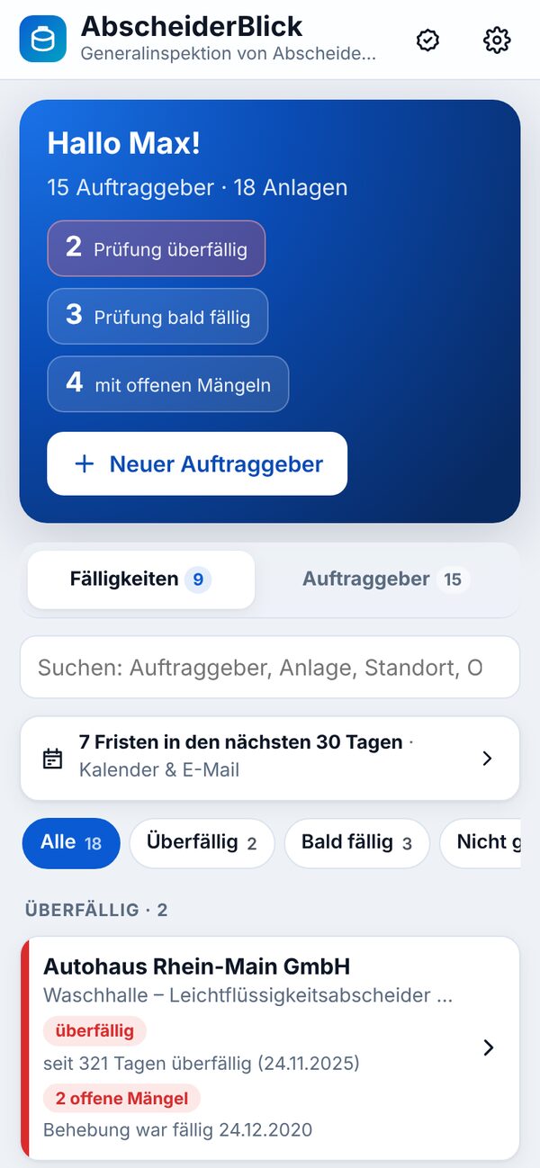 AbscheiderBlick: Startseite mit Fälligkeiten