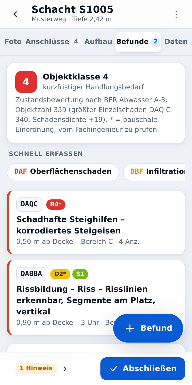 Schachtblick: erfasste Befunde und Schäden