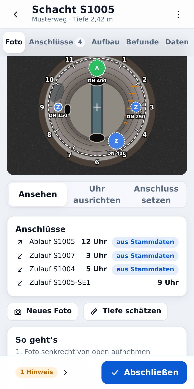 Schachtblick: Schachtfoto mit angetippten Anschlüssen